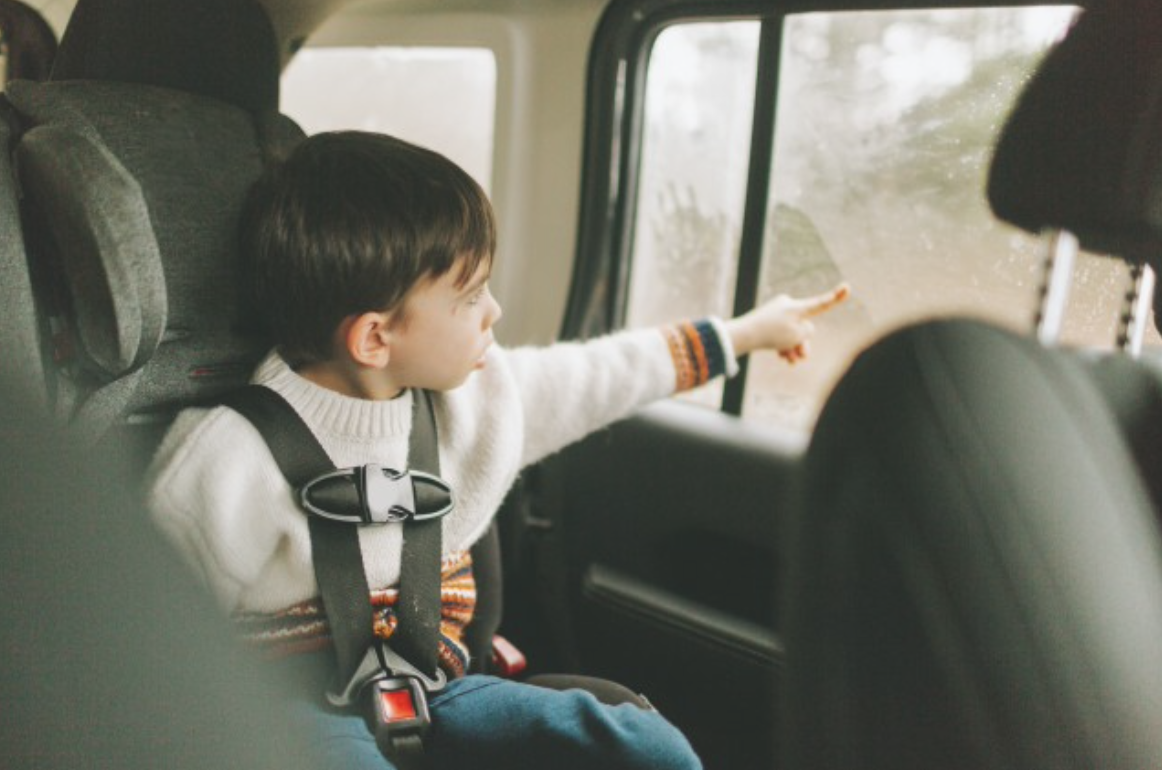 Child in carseat pointing out the car window